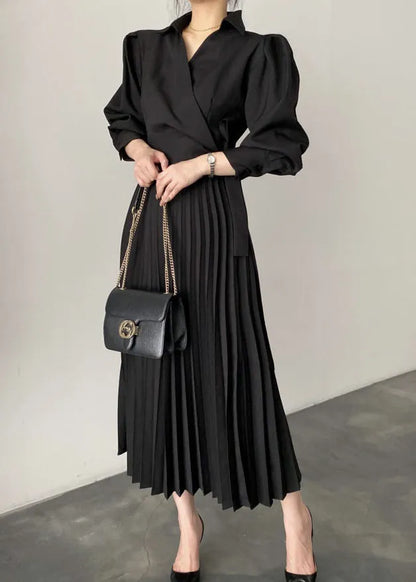 New Beige Puff Sleeve Peter Pan Collar Wrinkled Cotton Long Dress