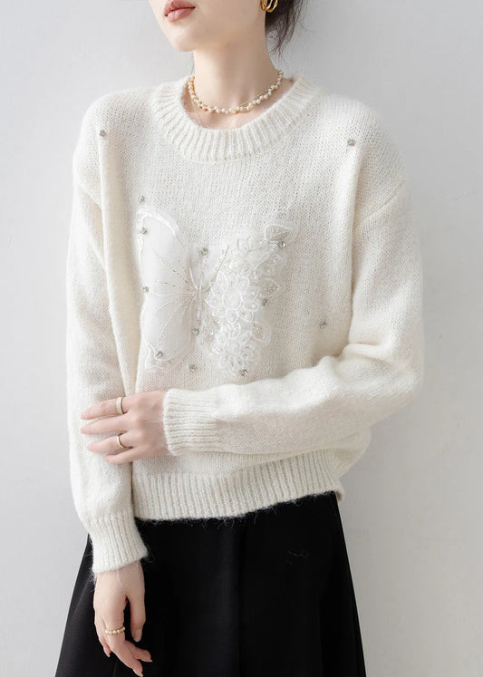 White O Neck Butterfly Zircon Knit Sweater Tops Spring