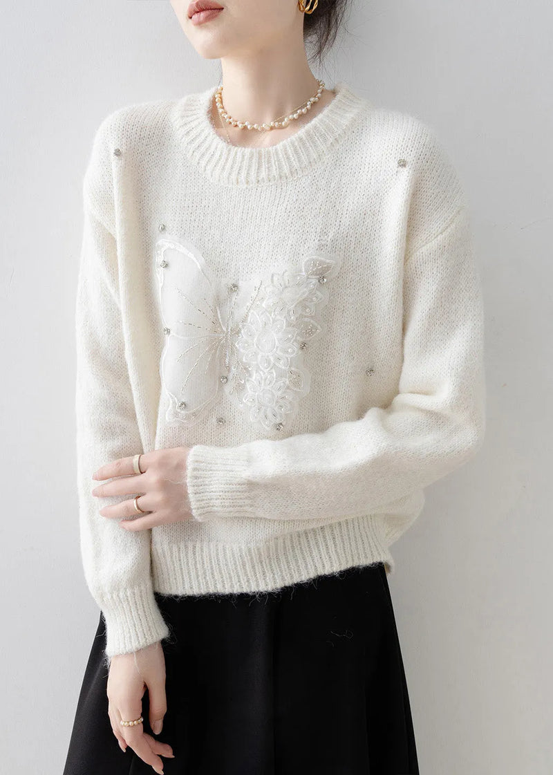 White O Neck Butterfly Zircon Knit Sweater Tops Spring