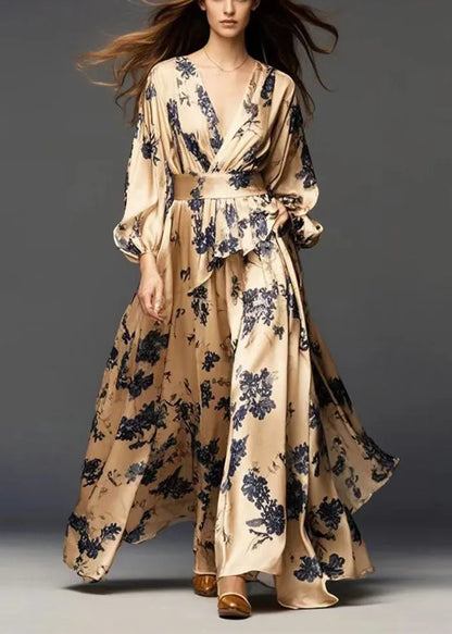 Modern Golden Cinched Print Silk Dress Fall