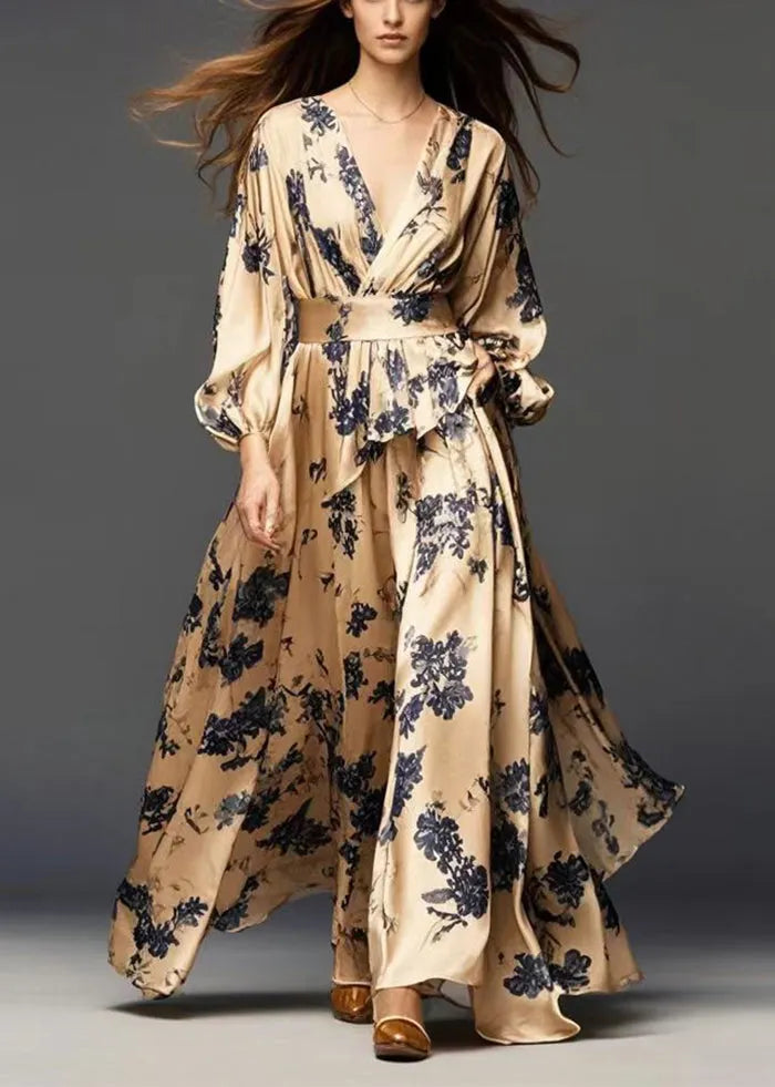 Modern Golden Cinched Print Silk Dress Fall