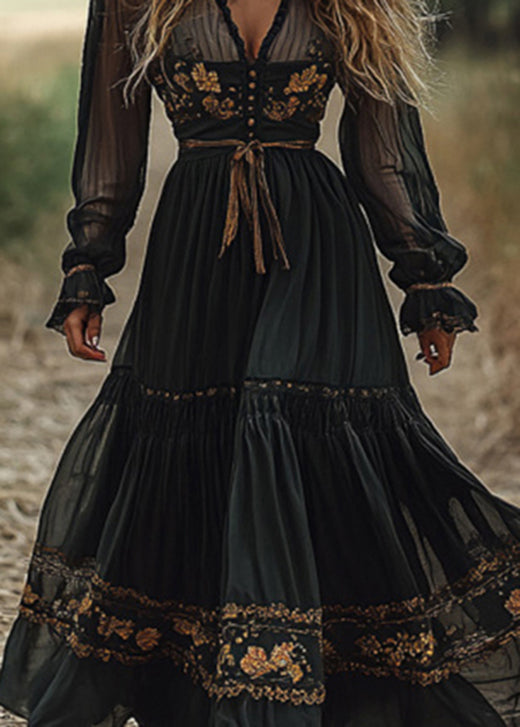Blackish Green V Neck Wrinkled Patchwork Cotton Long Dress Fall