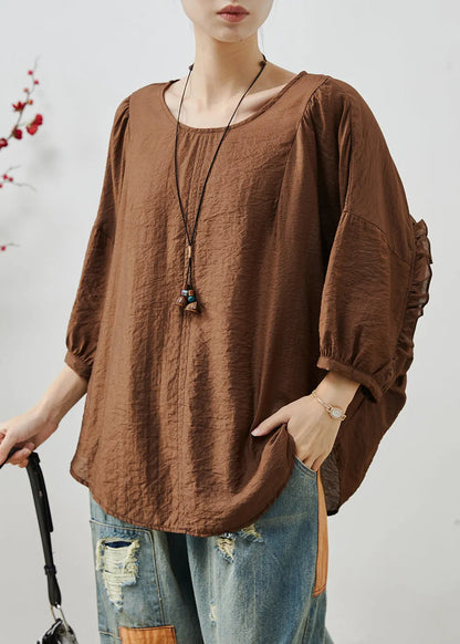 Chocolate Ruffles Cotton Loose Tops Batwing Sleeve