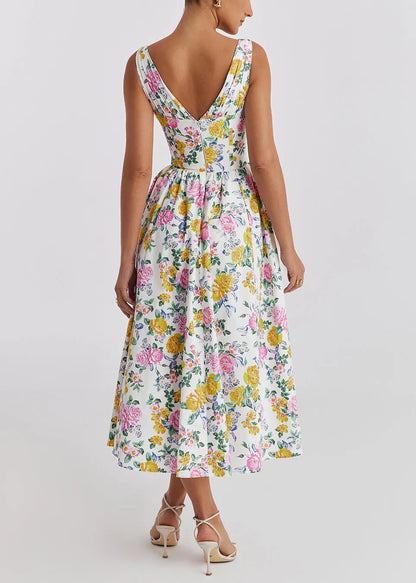Slim Fit White V Neck Print Pockets Cotton Dresses Sleeveless