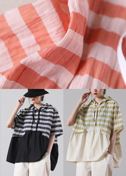 Black Striped Patchwork Cotton Linen Blouses Summer