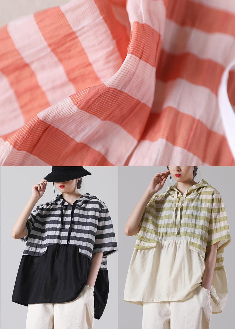 Black Striped Patchwork Cotton Linen Blouses Summer