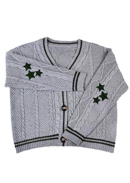 White V Neck Embroidered Knit Cardigan Fall
