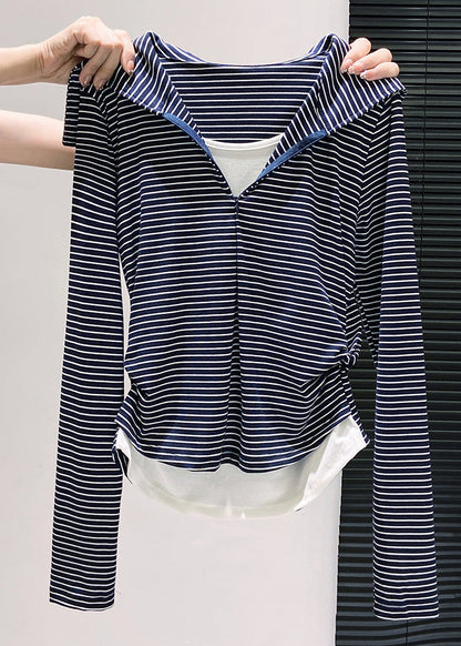 Silm Fit Navy Striped Patchwork Cotton Fake Two Piece Tops Fall