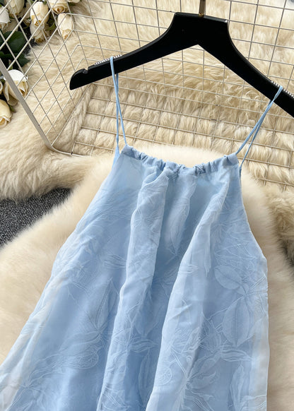 Sky Blue Jacquard Chiffon Spaghetti Strap Dress Summer