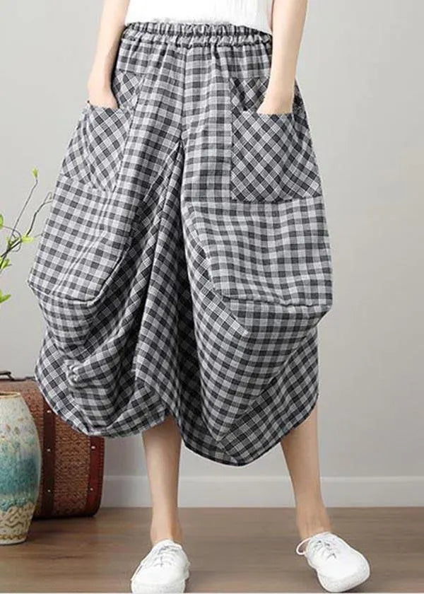 Black Plaid Cotton Linen Lantern Skirts Summer