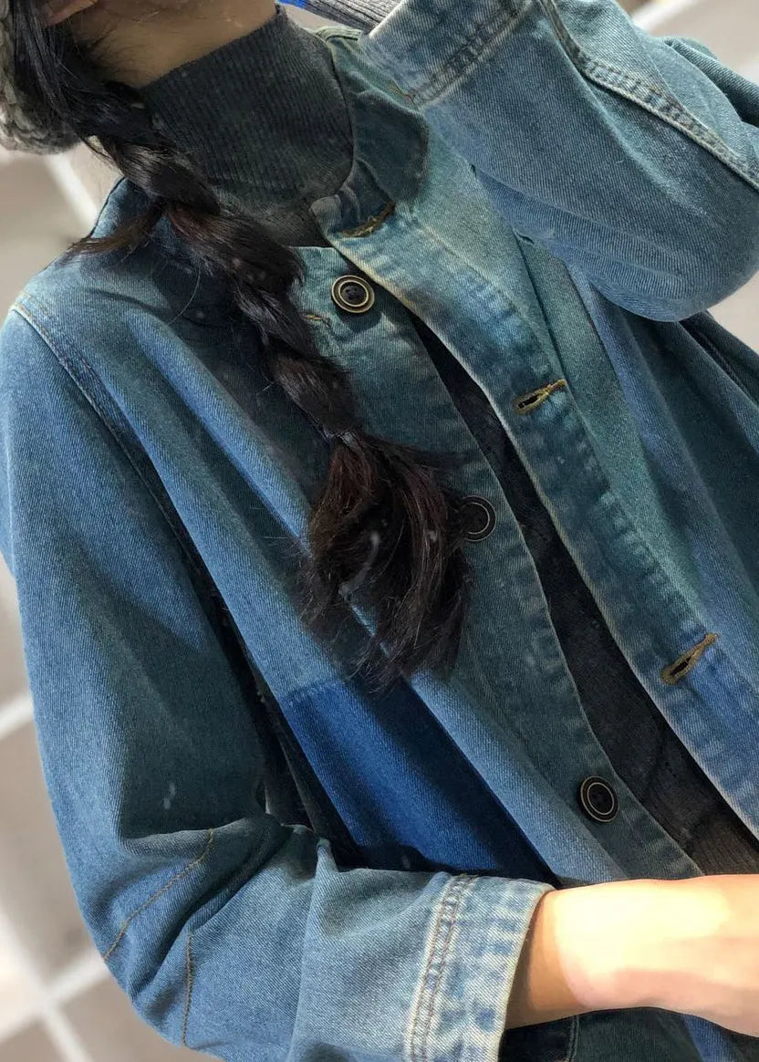Loose Blue O-neck Button Patchwork Denim Coat Outwear Fall