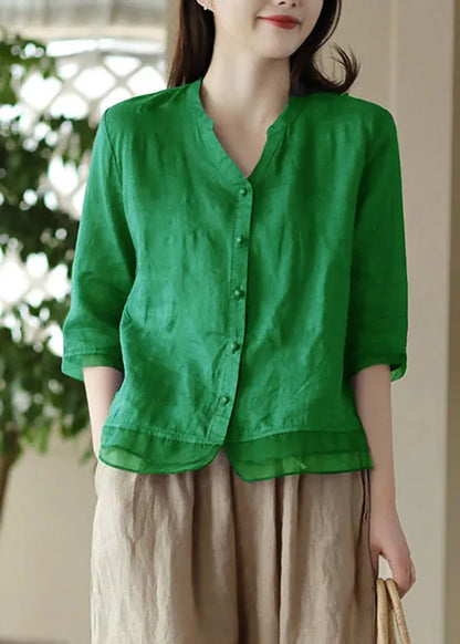 Blue V Neck Embroidered Ramie Shirt Half Sleeve