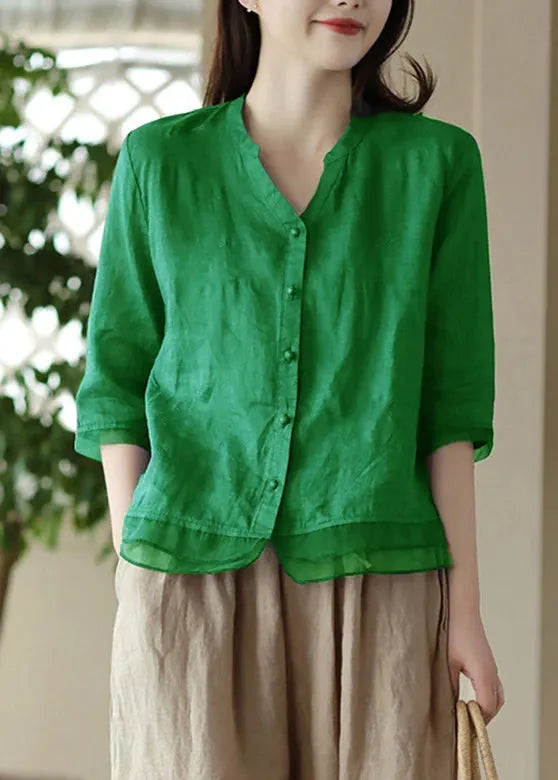Blue V Neck Embroidered Ramie Shirt Half Sleeve