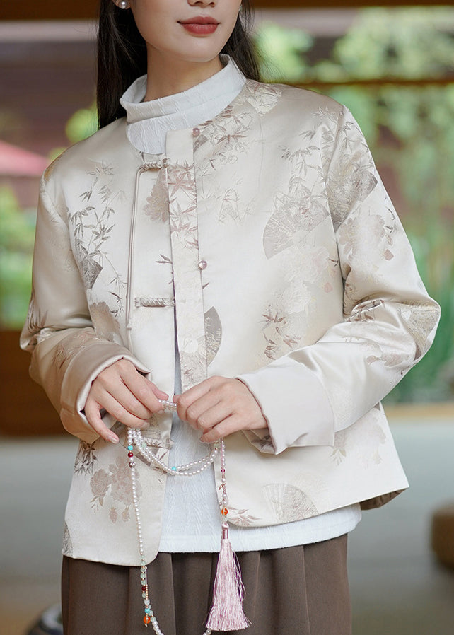 Chinese Style Beige Jacquard Oriental Button Silk Coat Spring