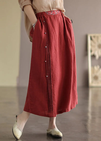 Red Wrinkled Embroidered Patchwork Cotton Skirts Summer