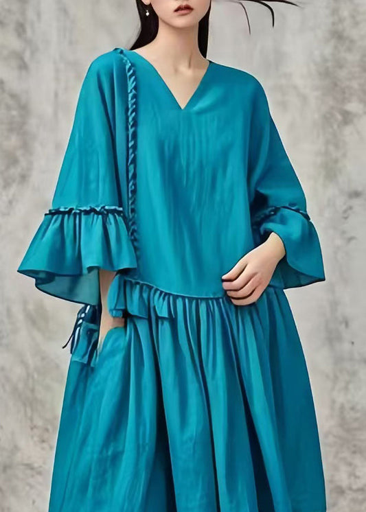Peacock Blue Oversized Patchwork Cotton Maxi Dresses Fall