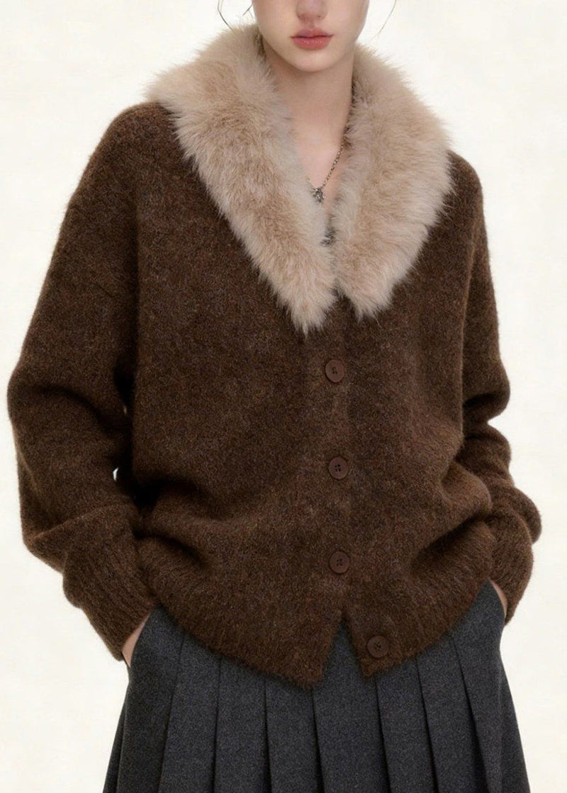 Coffee Fur Collar Button Patchwork Knit Coats Spring
