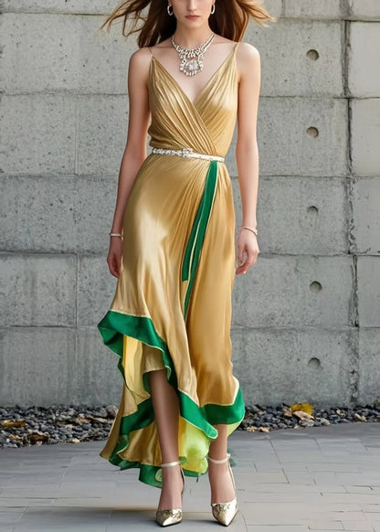 Organic Yellow Asymmetrical Patchwork Silk Spaghetti Strap Dress Summer
