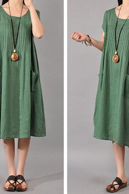 Limited Stock- Cotton Linen Loose Fitting Dress in Green