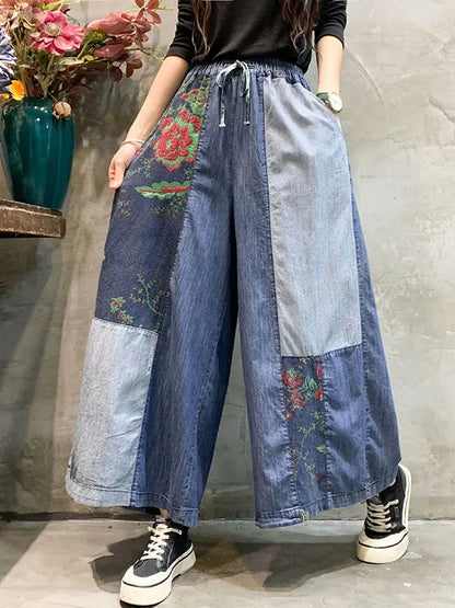 Color-block Bandage Embroidered Wide Leg Denim Pants