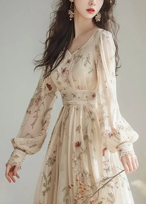V Neck Print High Waist Chiffon Dress Long Sleeve