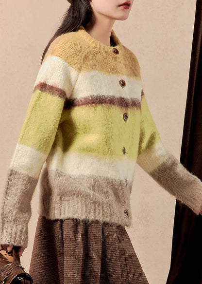 Yellow Striped Button Patchwork Cotton Knit Sweaters Winter