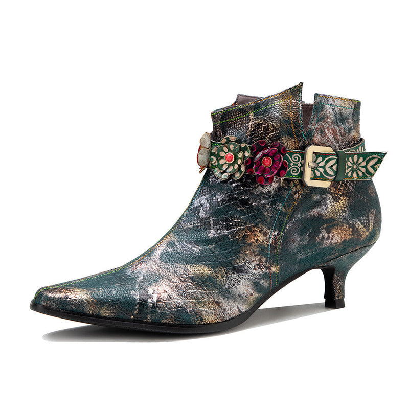 Pattern Flower Beads Belt Buckle Low Boots