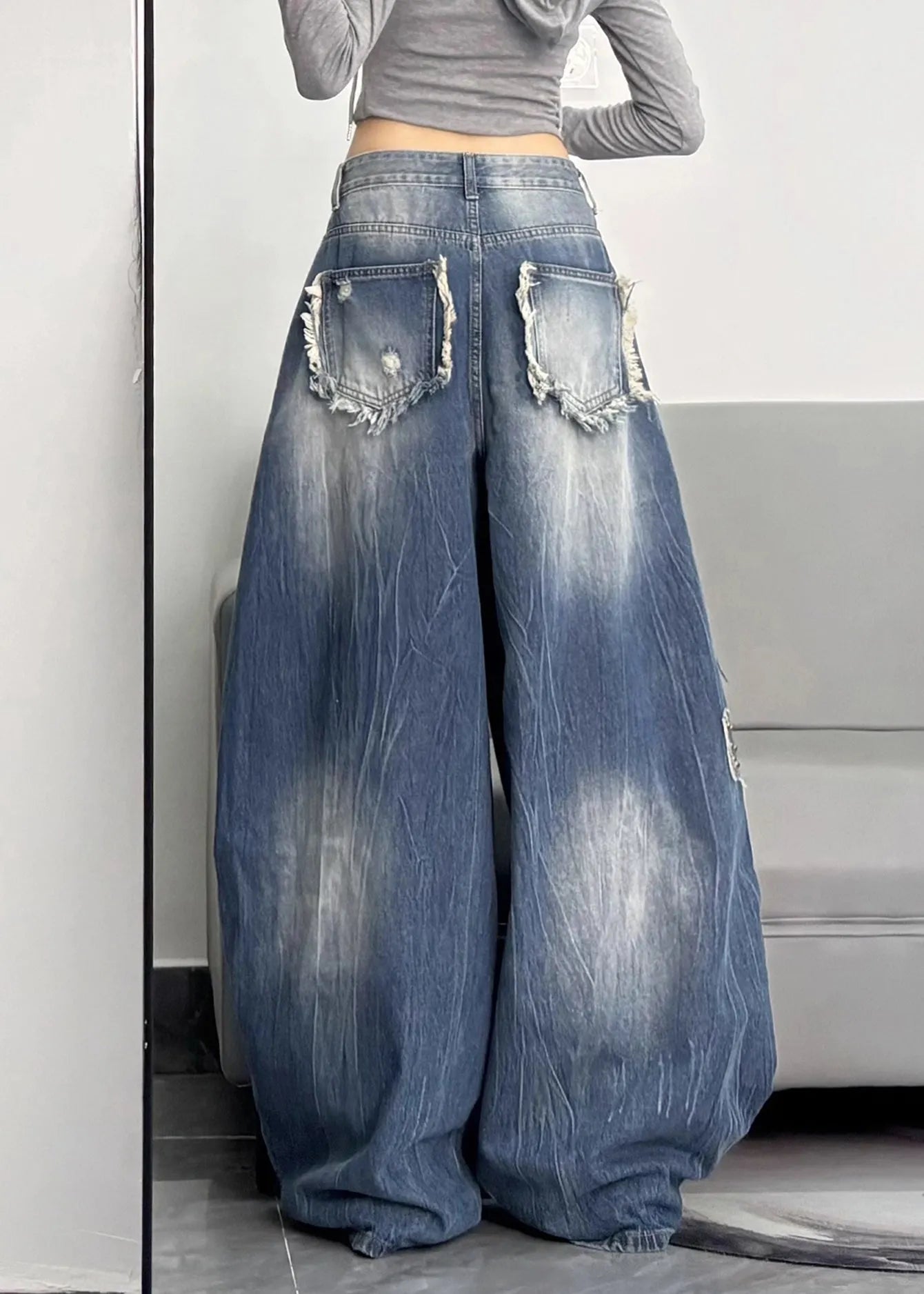 Unique Blue Oversized Rivet Warm Fleece Denim Pants Winter