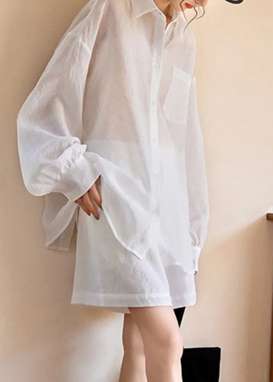 Simple White Pockets Shirts and Shorts Two Piece Suit Set Long Sleeve