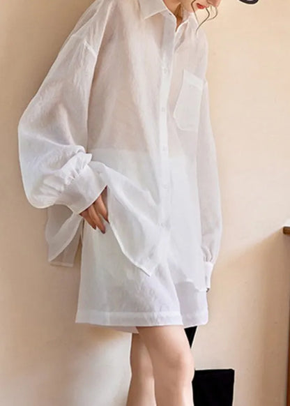 Simple White Pockets Shirts and Shorts Two Piece Suit Set Long Sleeve