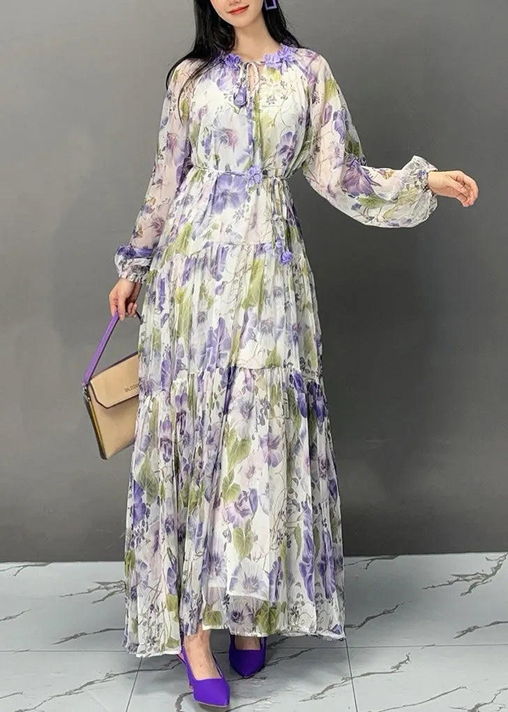 Purple Lace Up Print Chiffon Fall Long Dress