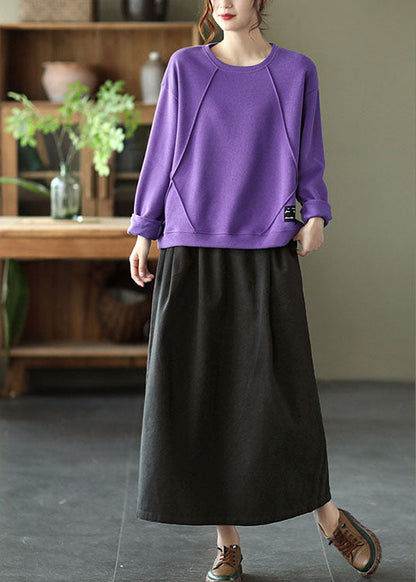 Purple O-neck Patchwork Knit Fall Pullover Street Wear