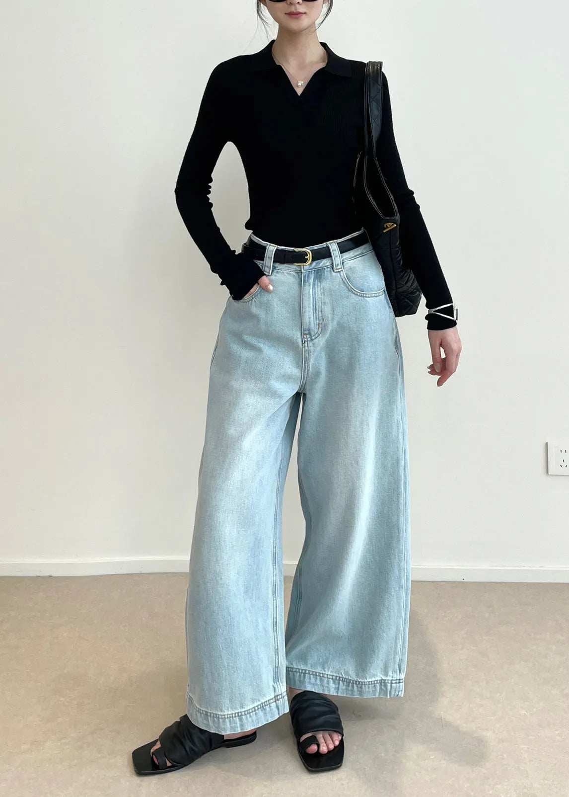 Black V Neck Silm Fit Knit Tops Spring