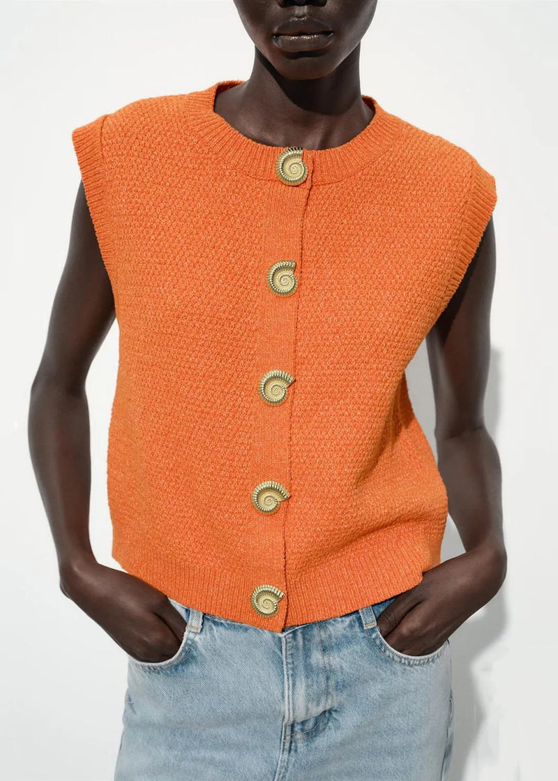Simple Blue O Neck Button Knit Vest Sleeveless