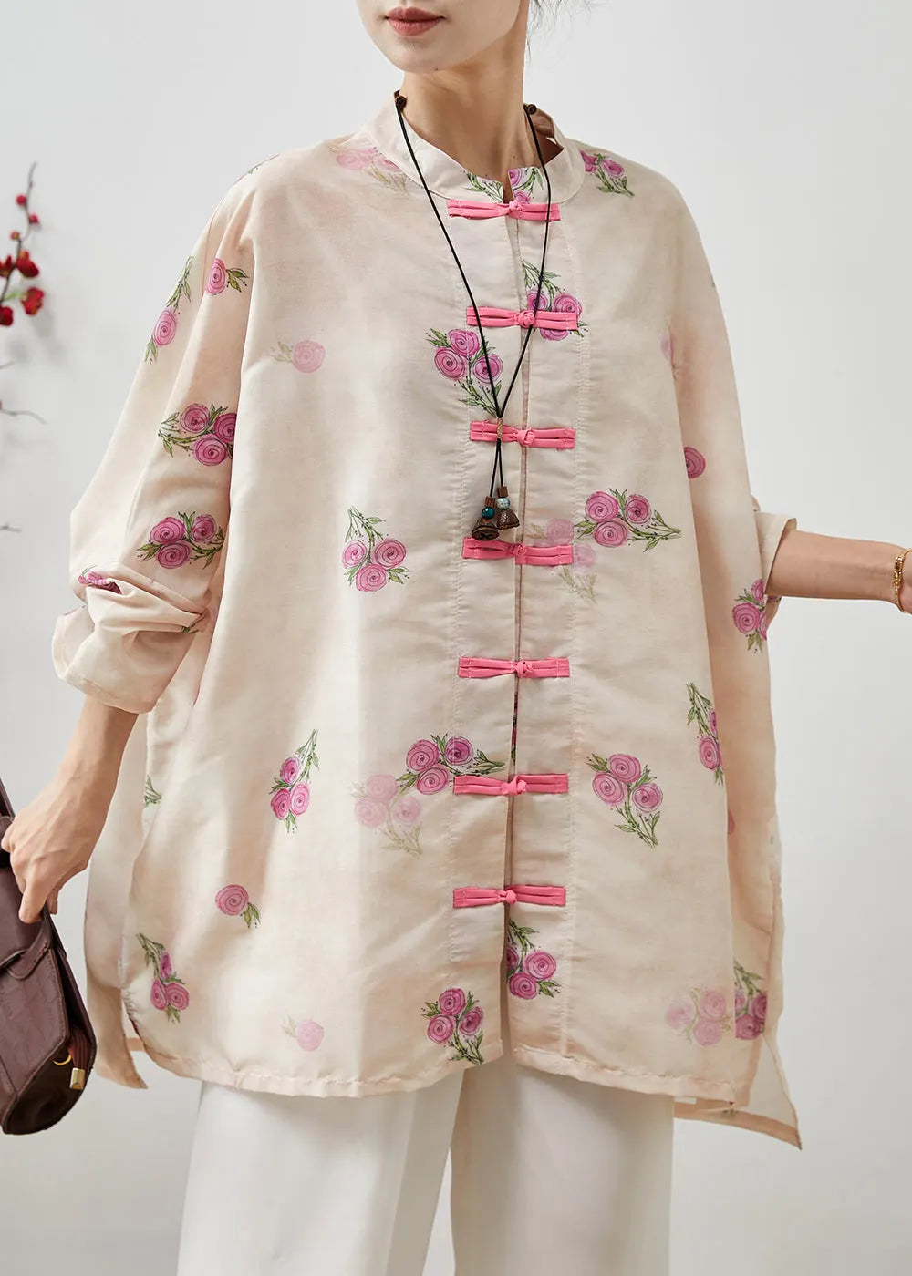 Apricot Chinese Button Linen Loose Shirt Top Spring