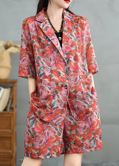 Loose Peter Pan Collar Print Coat and Shorts Cotton Two Pieces Set Summer
