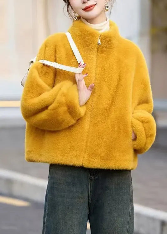 Yellow Stand Collar Zip Up Faux Fur Short Coats Winter