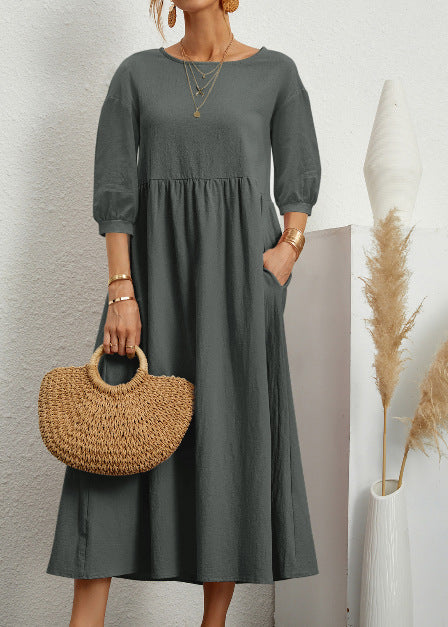 Spring Outfit Lantern Sleeve Loose Cotton and Linen Pocket Dress