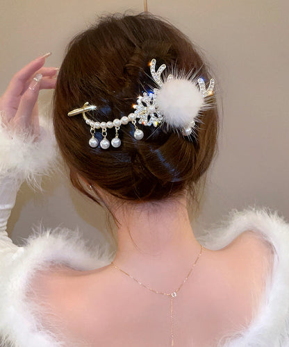 White Alloy Pearl Zircon Antler Snowflake Hairpin