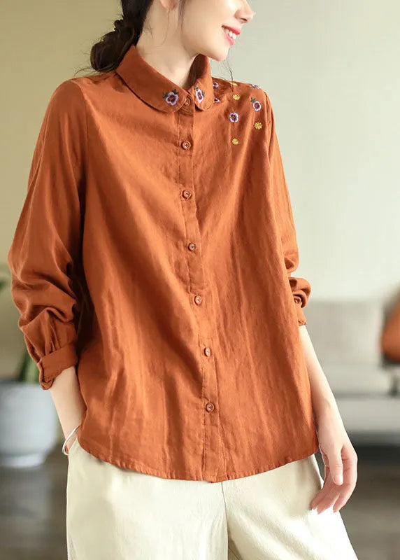 Diy Orange Turn-down Collar Embroidered Cotton Shirts Spring
