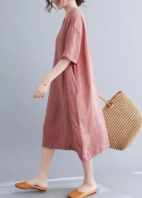 Red Oversized Plaid Linen a Line Dresses Summer