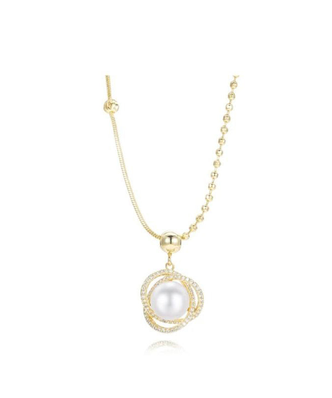 Gold Sterling Silver Overgild Zircon Pearl Pendant Necklace