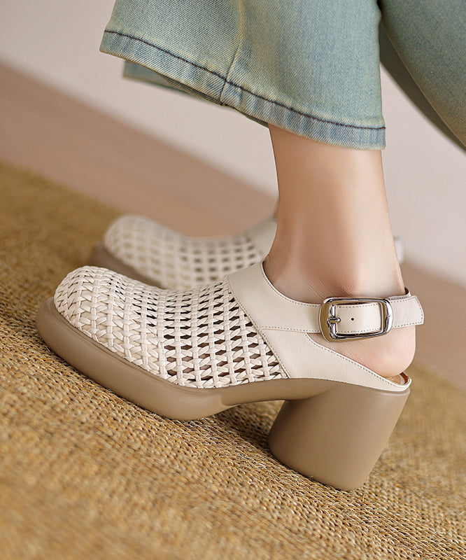 Black Chunky Heel Faux Leather Sandals Hollow Out