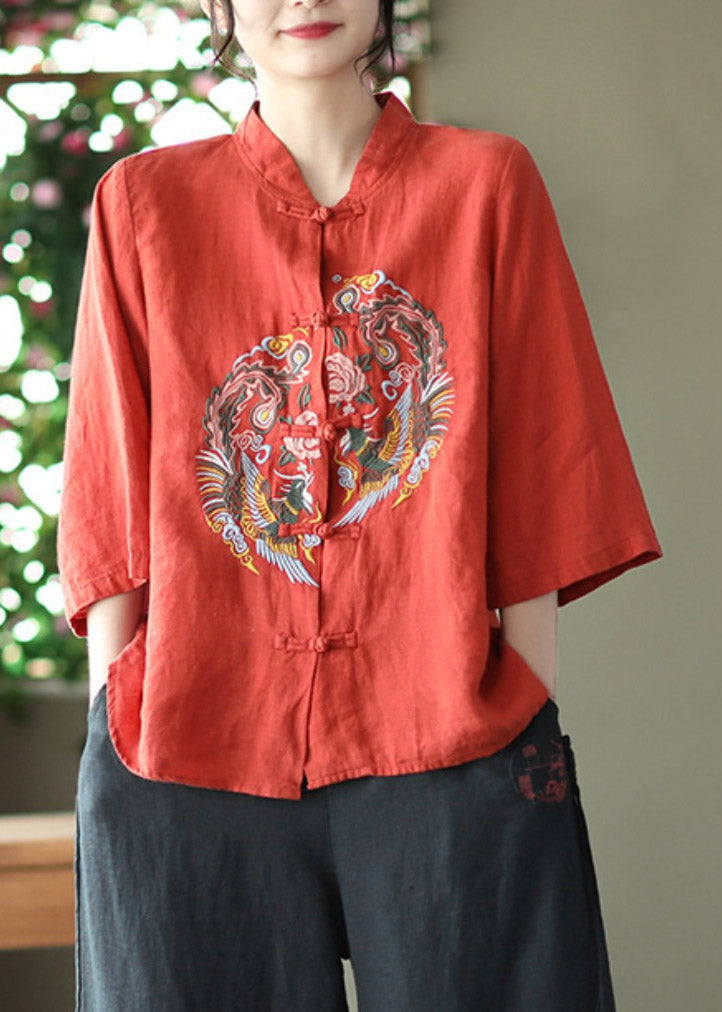 Diy Red Stand Collar Embroidered Linen Shirts Long Sleeve