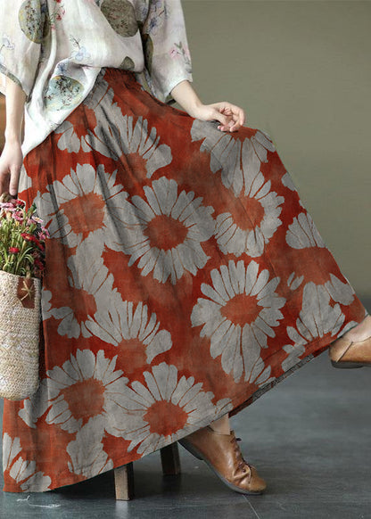 Pink-pumpkin Print Ramie Elastic Waist Skirt