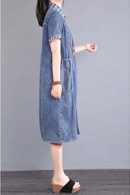 - Summer Blue Short Sleeve Long Denim Dress