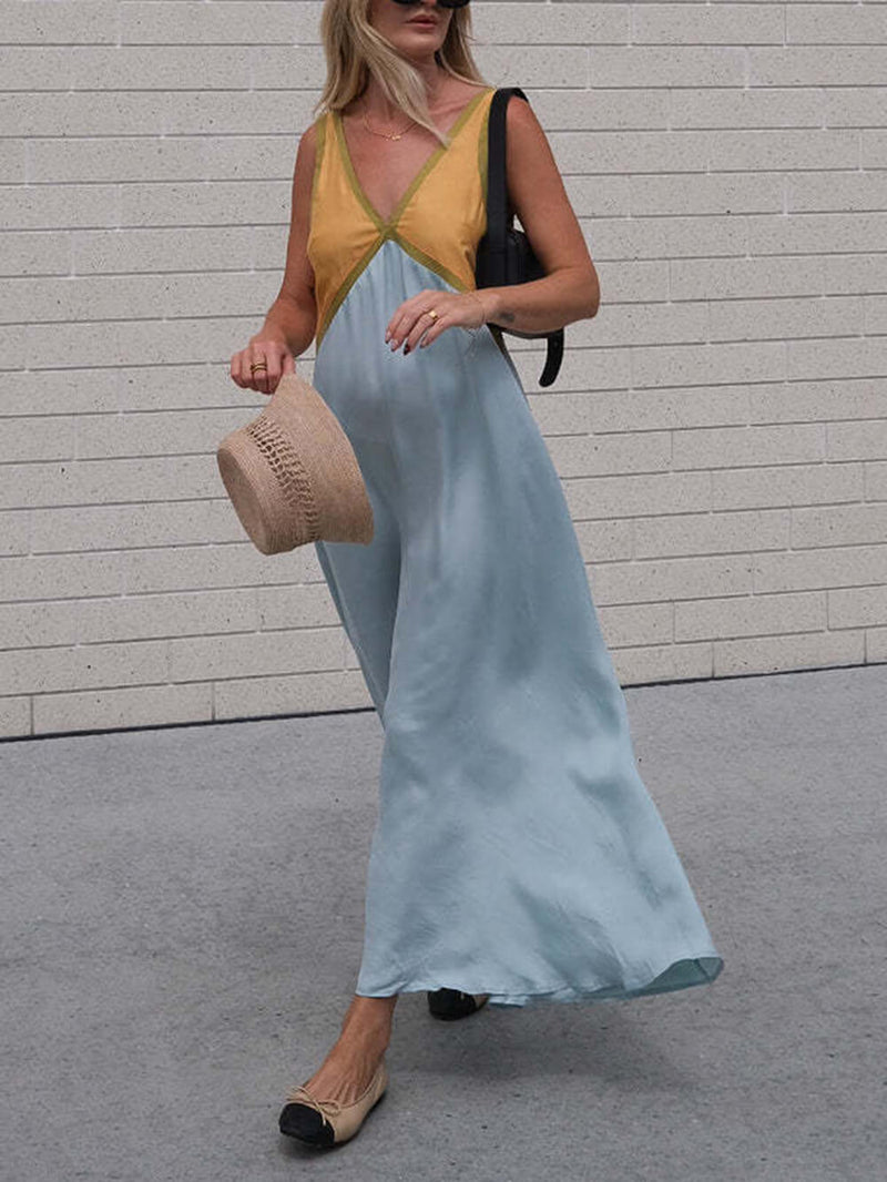 V-neck Contrasting Color Splicing Dress