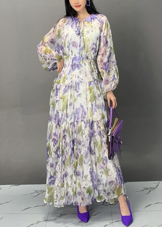 Purple Lace Up Print Chiffon Fall Long Dress