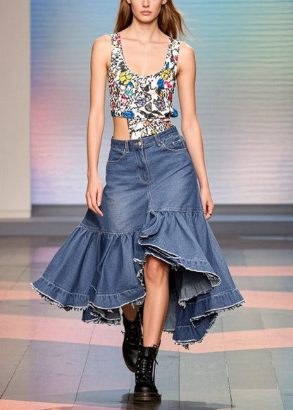 Blue Ruffled Patchwork Side Open Denim Skirts Spring