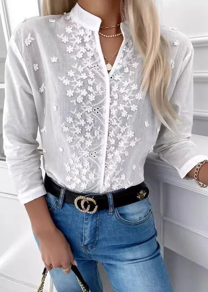 White V Neck Embroidered Cotton Blouse Tops Spring